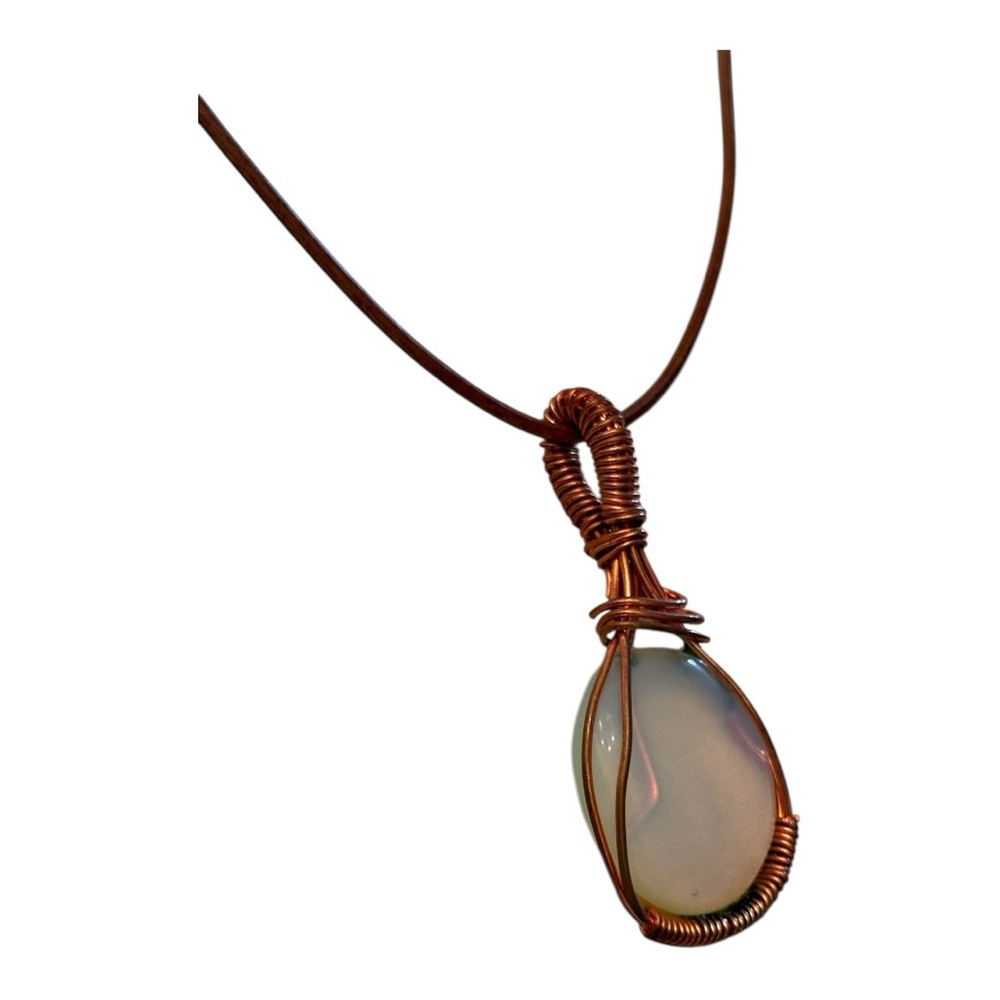 Feminine Copper Wire Wrapped Opalite Pendant Necklace